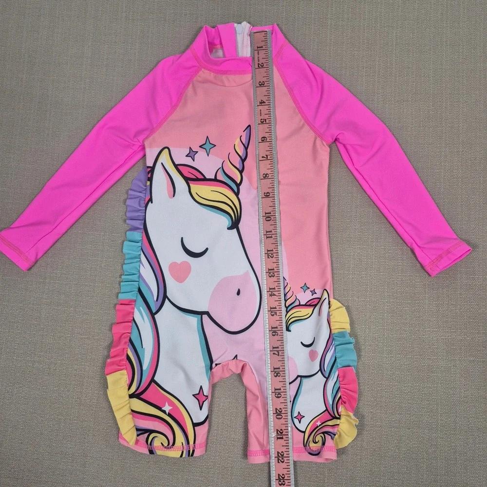 Girls Long Sleeve Rashguard One Piece Swimsuit Unicorn Pink Ruffles Hat Size 4Y